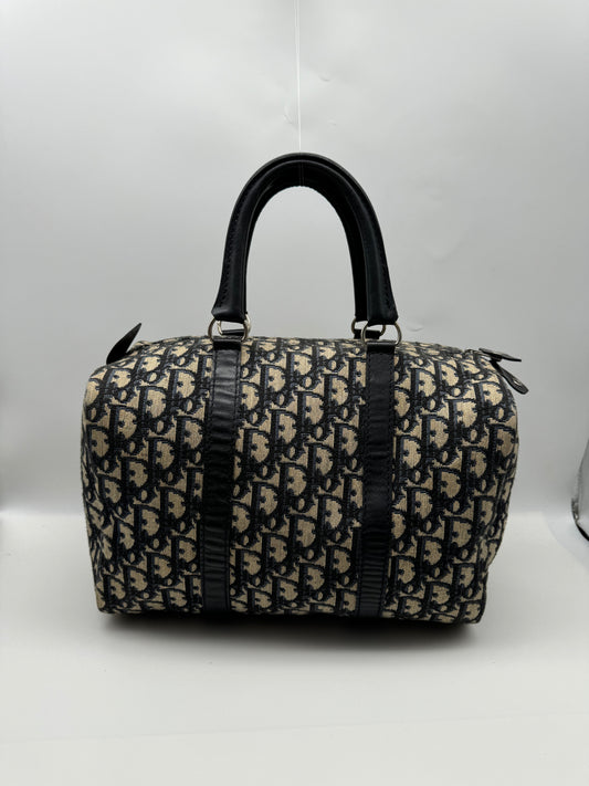 Authentic Christian Dior Navy Blue Trotter Jacquard Canvas Boston 30 Bowling Bag