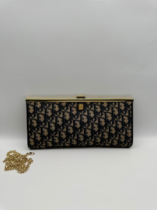 Authentic Dior Navy Blue Trotter Kiss-Lock Vintage Clutch Added Strap