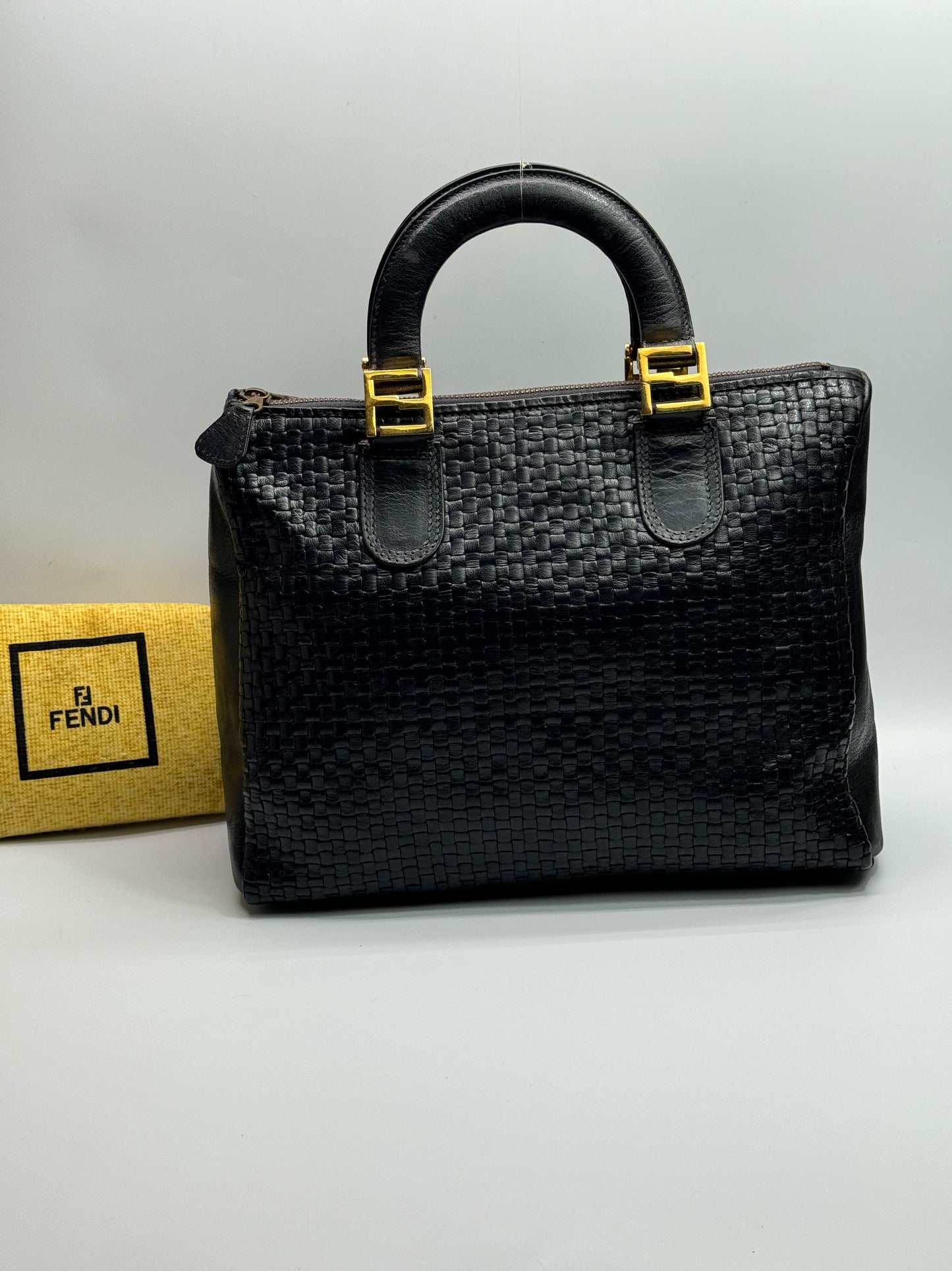 Authentic Fendi Black leather Woven Handbag