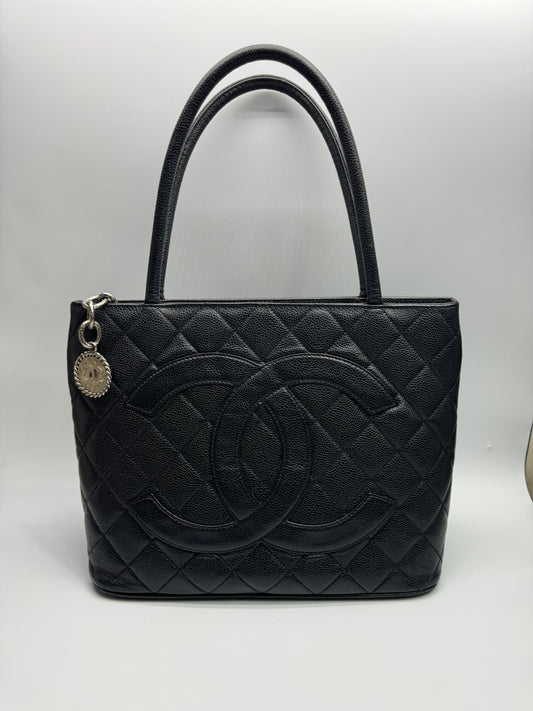 Authentic Chanel Black Matt Caviar Medallion Tote