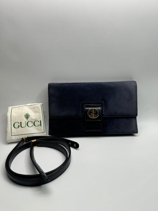 Authentic Gucci Vintage 1970s Navy Blue Suede Clutch Shoulder Bag