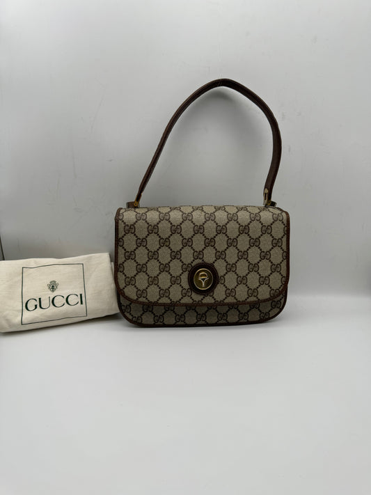 Authentic GUCCI Vintage Horsebit Brown Monogram Coated Canvas Handbag