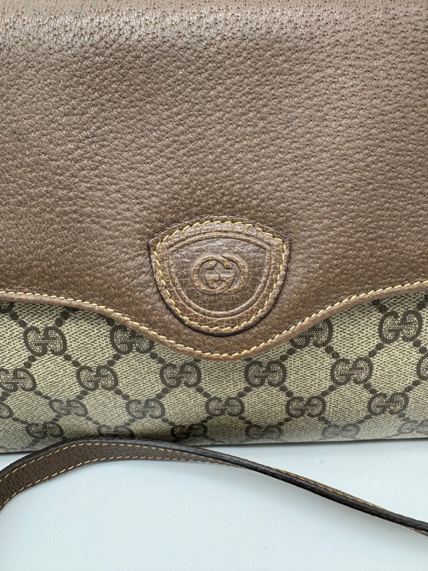 Authentic GUCCI Vintage Brown Monogram Coated Canvas Clutch Shoulder Crossbody Bag