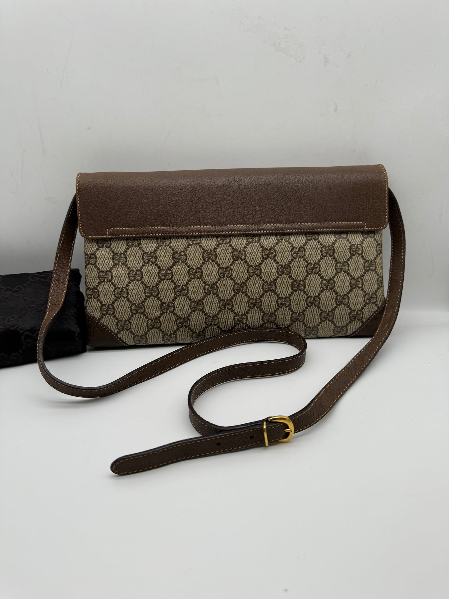 Authentic GUCCI Vintage Brown Monogram Coated Canvas Clutch Shoulder Crossbody Bag