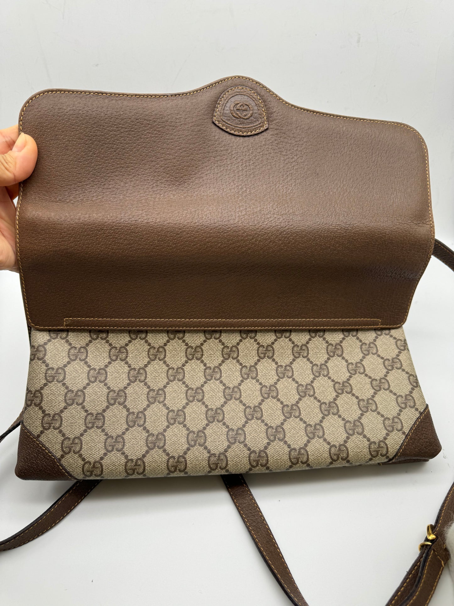 Authentic GUCCI Vintage Brown Monogram Coated Canvas Clutch Shoulder Crossbody Bag