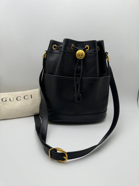 Authentic Gucci Vintage Black Pebble Leather Drawstring Bucket Shoulder Crossbody Bag