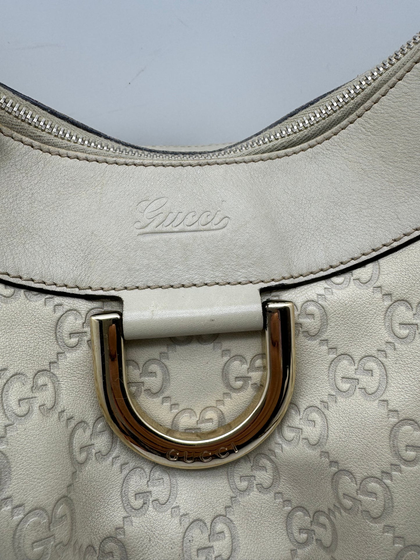 Authentic Gucci Abby D-ring Large Hobo Beige GG Embossed Leather Shoulder Bag