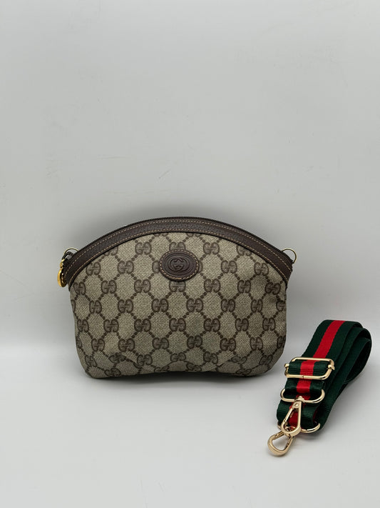 Authentic GUCCI Pleated Clutch Brown Monogram Coated Canvas Added Strap Crossbody Bag