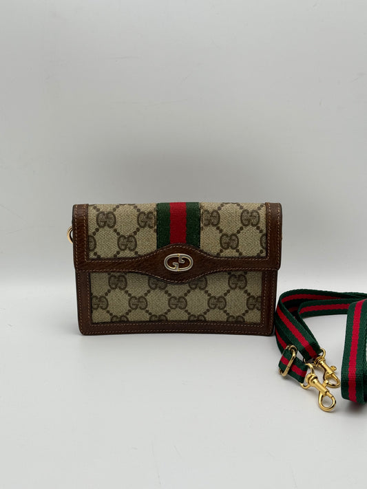 Authentic Gucci Parfums Vintage Mini Clutch Brown Sherry Line Added Strap Crossbody Belt Bag