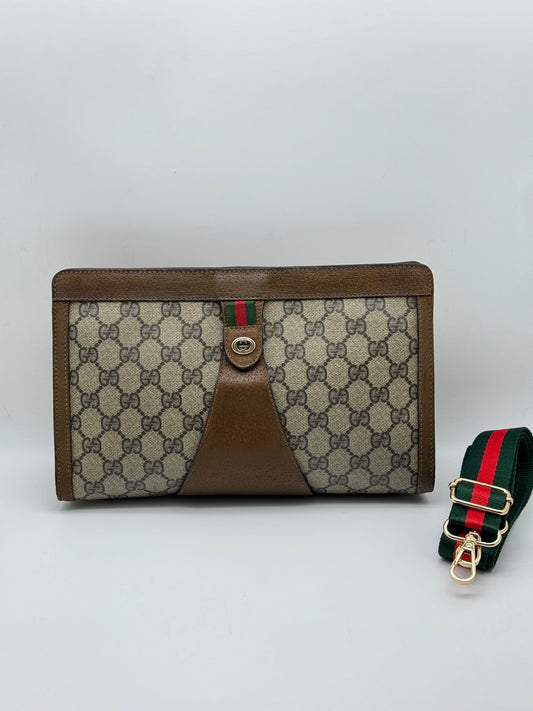 Authentic GUCCI Large Clutch GG Monogram Coated Canvas Added Strap Shoulder/Crossbody Bag