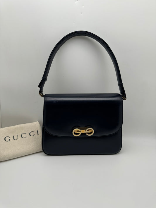 Authentic GUCCI Vintage Navy Blue Leather Shoulder Handbag