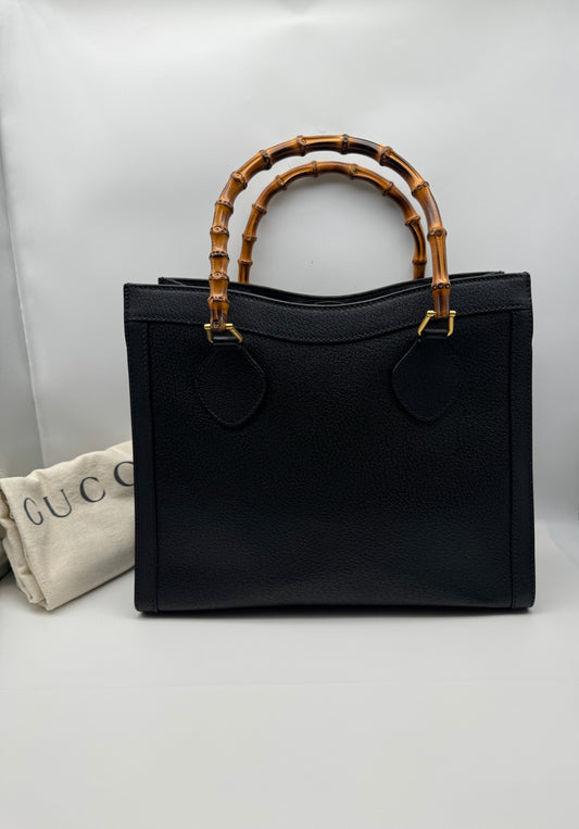 Authentic GUCCI Vintage Bamboo Handles Black Leather Diana Tote