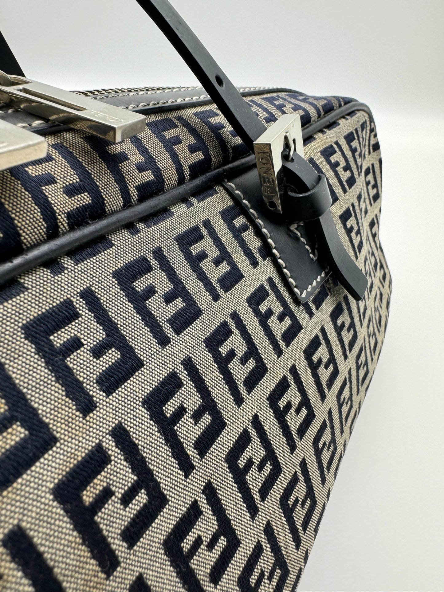 Authentic Fendi Navy Blue FF Zucca Jacquard Cloth Handbag