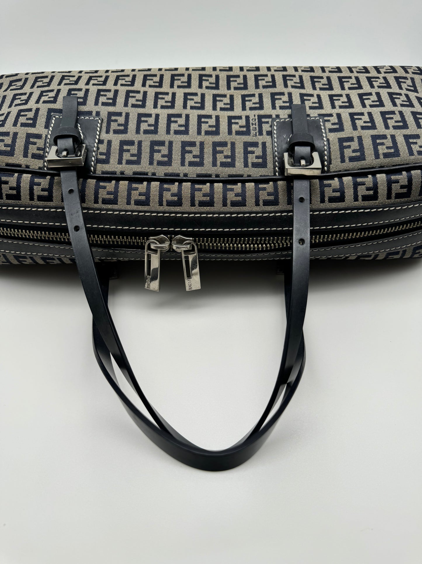 Authentic Fendi Navy Blue FF Zucca Jacquard Cloth Handbag