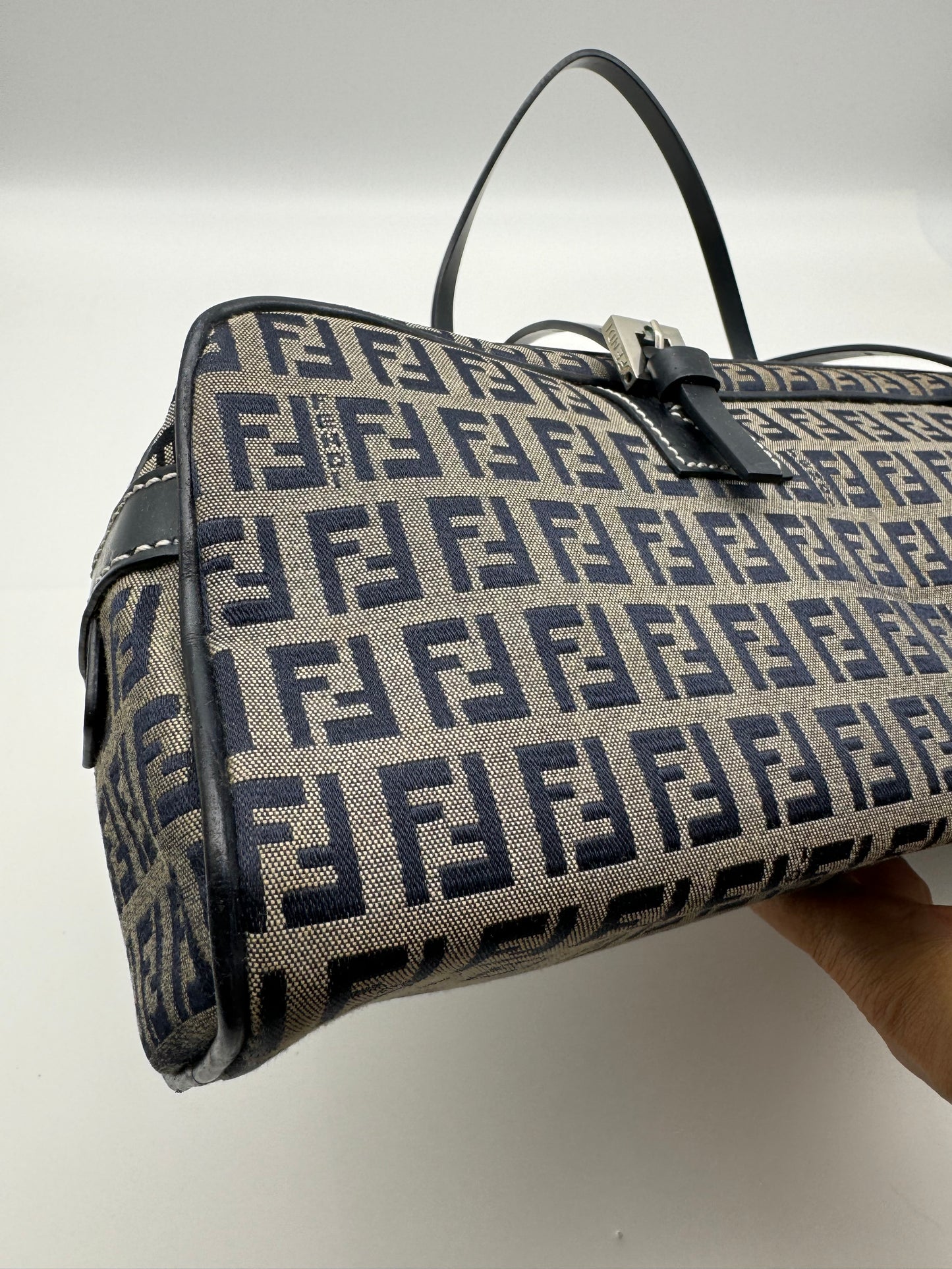 Authentic Fendi Navy Blue FF Zucca Jacquard Cloth Handbag