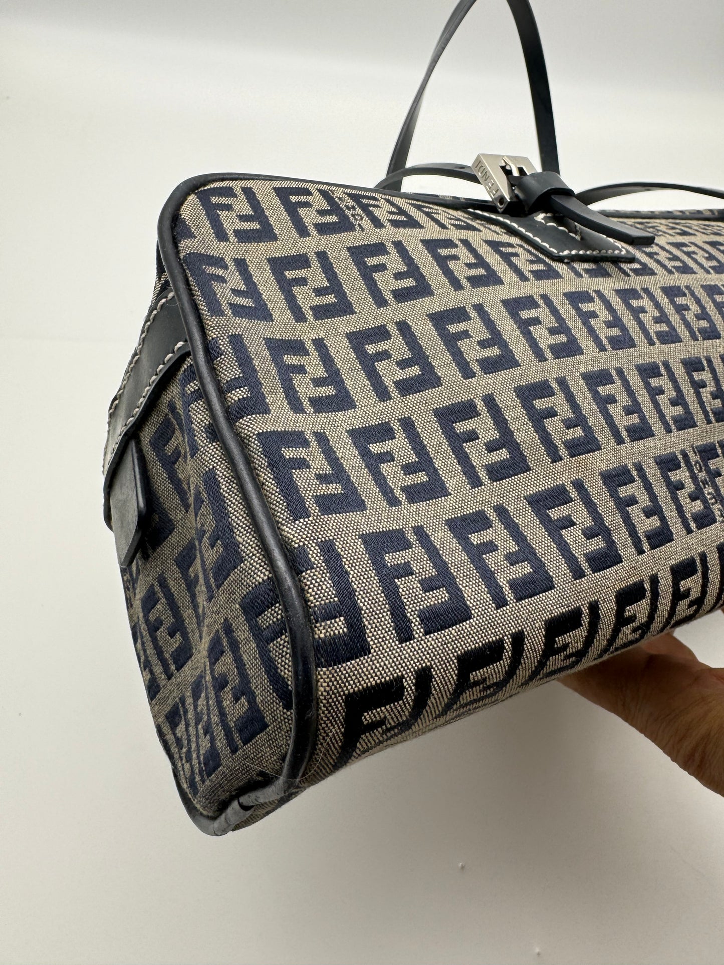 Authentic Fendi Navy Blue FF Zucca Jacquard Cloth Handbag