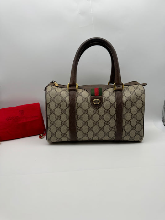 Authentic Gucci Vintage Brown Monogram Coated Canvas Boston Bag