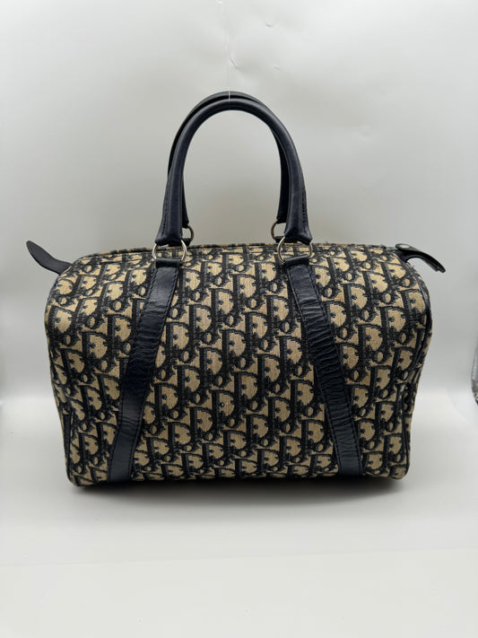 Authentic Christian Dior Vintage Boston 30 Navy Blue Trotter Jacquard Canvas Bowling Bag