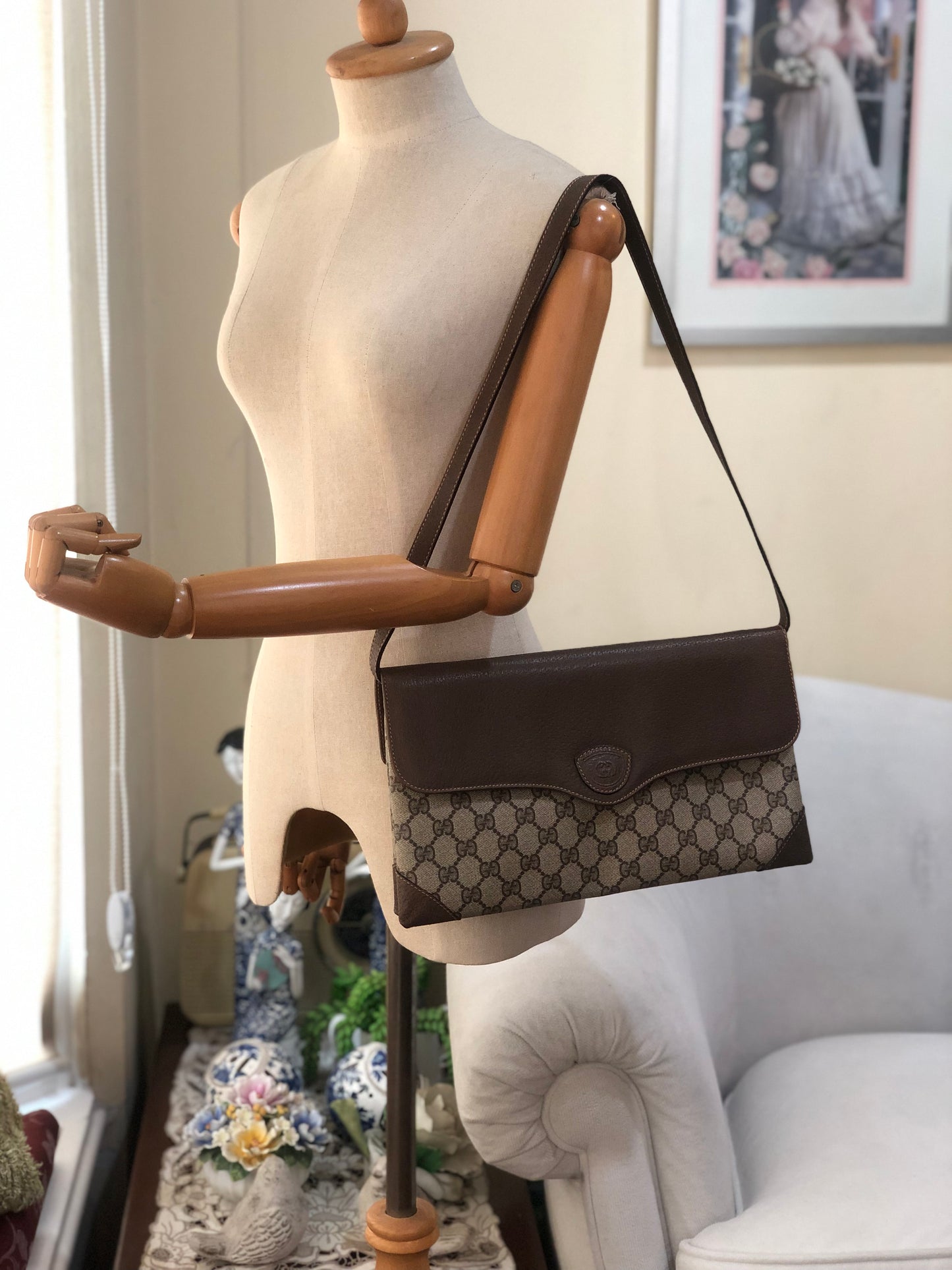 Authentic GUCCI Vintage Brown Monogram Coated Canvas Clutch Shoulder Crossbody Bag