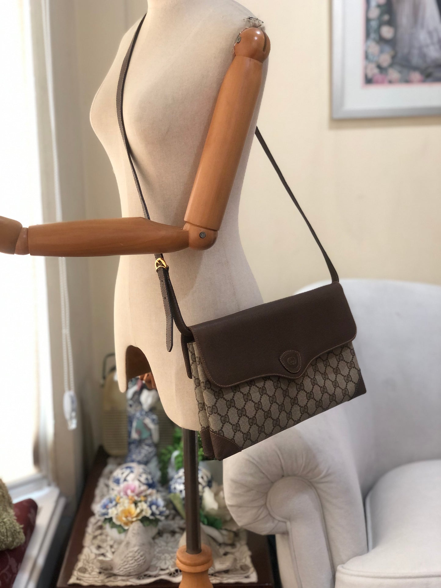 Authentic GUCCI Vintage Brown Monogram Coated Canvas Clutch Shoulder Crossbody Bag