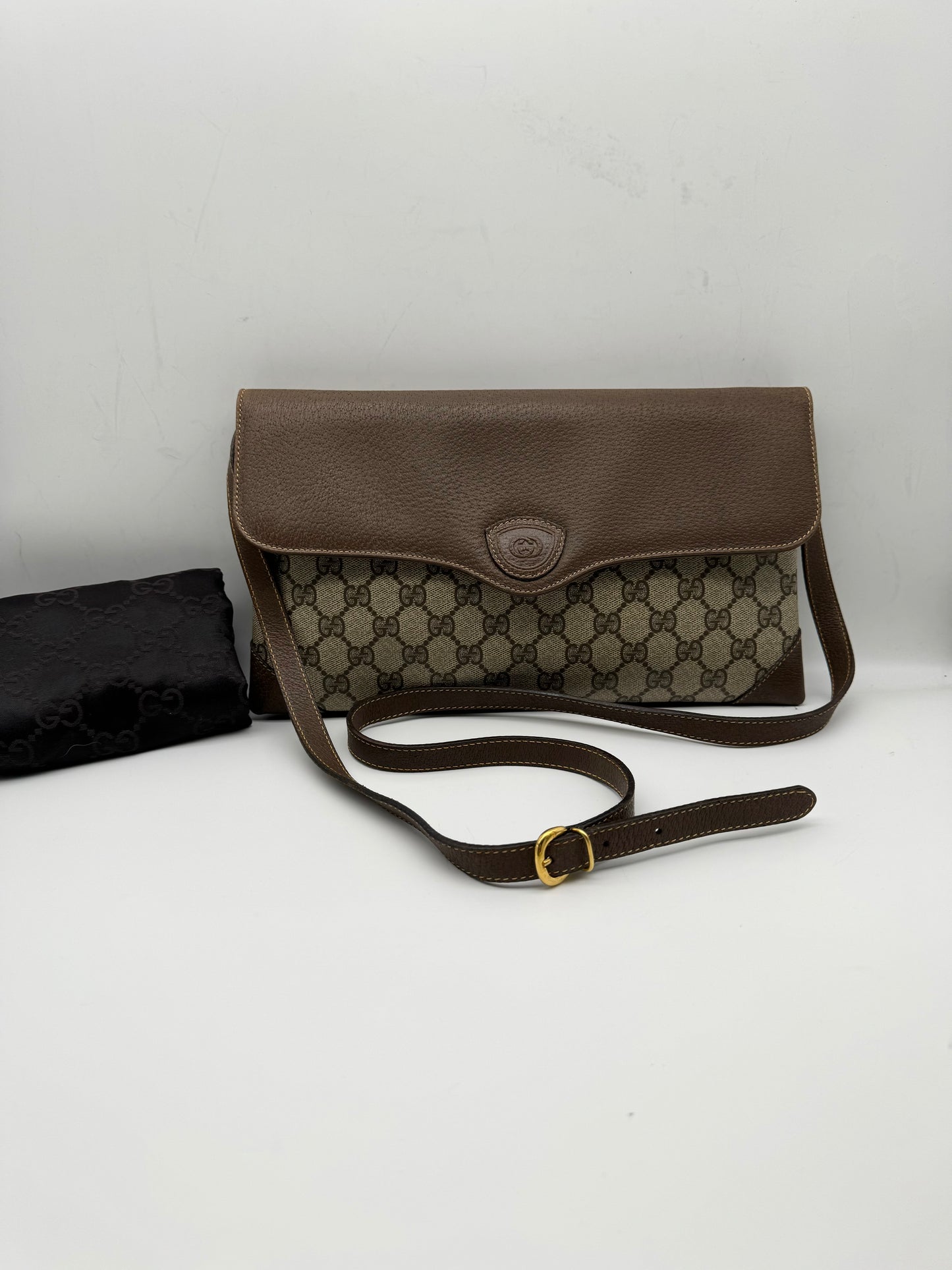 Authentic GUCCI Vintage Brown Monogram Coated Canvas Clutch Shoulder Crossbody Bag